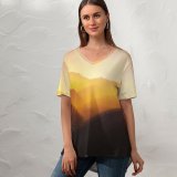 yanfind V Neck T-shirt for Women Valley Golden Hour Sunlight Mountains Landscape Italy Morning Light Summer Top  Short Sleeve Casual Loose