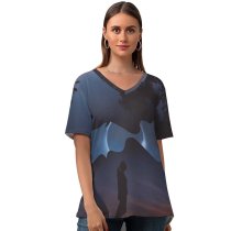 yanfind V Neck T-shirt for Women Love Couple Lonely Silhouette Eclipse Romantic Night Dark Mood Summer Top  Short Sleeve Casual Loose