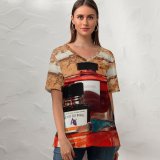 yanfind V Neck T-shirt for Women Bottle Pictures Bread Summer Top  Short Sleeve Casual Loose