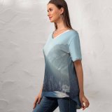 yanfind V Neck T-shirt for Women Barn Building Pine Alps Landscape Snow Wallpapers Mountain Outdoors Stock Free Summer Top  Short Sleeve Casual Loose