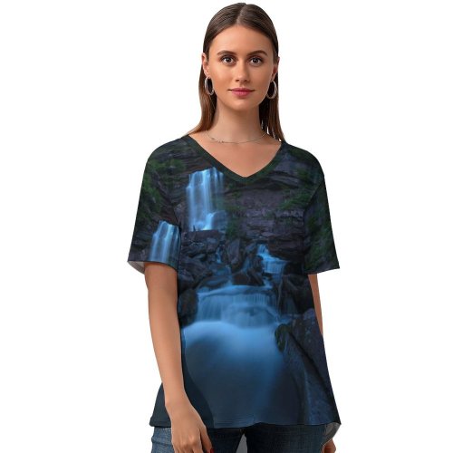 yanfind V Neck T-shirt for Women Gerald Berliner Kaaterskill Falls Waterfall Night York USA Summer Top  Short Sleeve Casual Loose