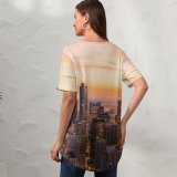 yanfind V Neck T-shirt for Women Chicago Cityscape Skyscrapers Dawn Sunset City Lights Illinois USA Summer Top  Short Sleeve Casual Loose