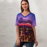 yanfind V Neck T-shirt for Women Henrik Pfitzenmaier York City Twilight Sunset Cityscape City Lights Summer Top  Short Sleeve Casual Loose