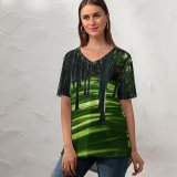 yanfind V Neck T-shirt for Women Grass Trees Woods Daylight Forest Landscape Summer Top  Short Sleeve Casual Loose