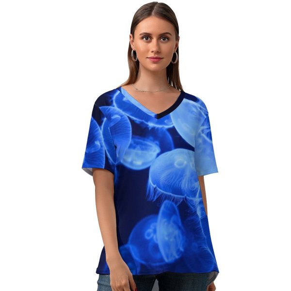 yanfind V Neck T-shirt for Women Bruno Glätsch Jellyfish Aquarium Underwater Glowing Marine Life Transparent Dark Summer Top  Short Sleeve Casual Loose