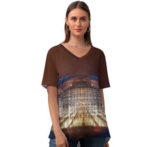 yanfind V Neck T-shirt for Women Trey Ratcliff National Centre for Performing China Light Glass Modern Architecture Dome Summer Top  Short Sleeve Casual Loose