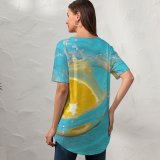 yanfind V Neck T-shirt for Women Splash Droplet Cyan Aqua Wave Fruit Liquid Summer Top  Short Sleeve Casual Loose