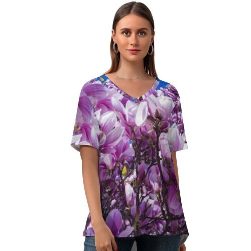 yanfind V Neck T-shirt for Women Felix Mittermeier Flowers Magnolia Flowers Blossom Beautiful Spring Summer Top  Short Sleeve Casual Loose
