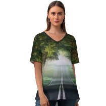 yanfind V Neck T-shirt for Women Andrew Campbell Forest Road Mist Avenue Trees Plants Spring Foggy Summer Top  Short Sleeve Casual Loose