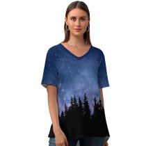 yanfind V Neck T-shirt for Women Night Starry Sky Forest Silhouette Astronomy Cosmos Summer Top  Short Sleeve Casual Loose