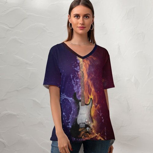 yanfind V Neck T-shirt for Women Comfreak Electric Guitar Instrument Dark Fire Purple Violet Summer Top  Short Sleeve Casual Loose