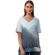 yanfind V Neck T-shirt for Women Barn Building Pine Alps Landscape Snow Wallpapers Mountain Outdoors Stock Free Summer Top  Short Sleeve Casual Loose