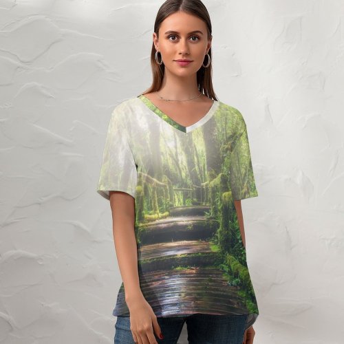 yanfind V Neck T-shirt for Women Sasin Tipchai Rainforest Wooden Bridge Daylight Footpath Forest Summer Top  Short Sleeve Casual Loose