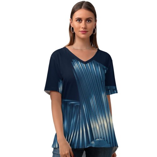 yanfind V Neck T-shirt for Women Luca Bravo Modern Architecture Night Urban Building Summer Top  Short Sleeve Casual Loose