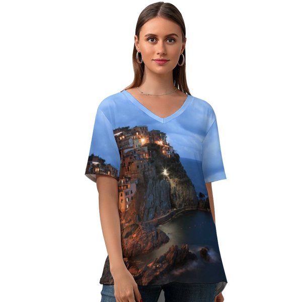 yanfind V Neck T-shirt for Women Manarola Cinque Terre Italy Seascape City Lights Dusk Tourist Attraction Seaside Village Summer Top  Short Sleeve Casual Loose