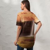 yanfind V Neck T-shirt for Women Dorothe Waterfalls Sunrise Sky Clouds Grass Landscape Rock Summer Top  Short Sleeve Casual Loose