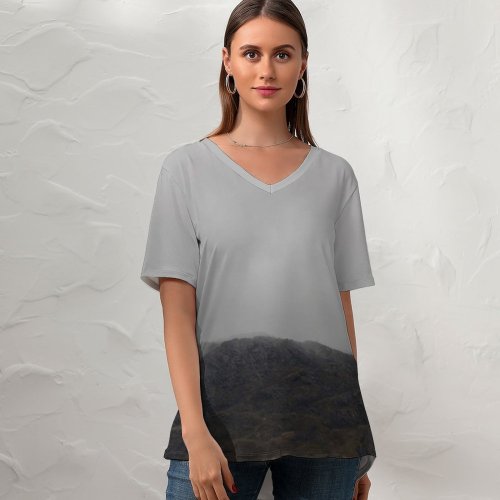 yanfind V Neck T-shirt for Women Caernarfon Cloud Mountain Moody Nervum United Scenic Fog Pictures Mist Stock Summer Top  Short Sleeve Casual Loose