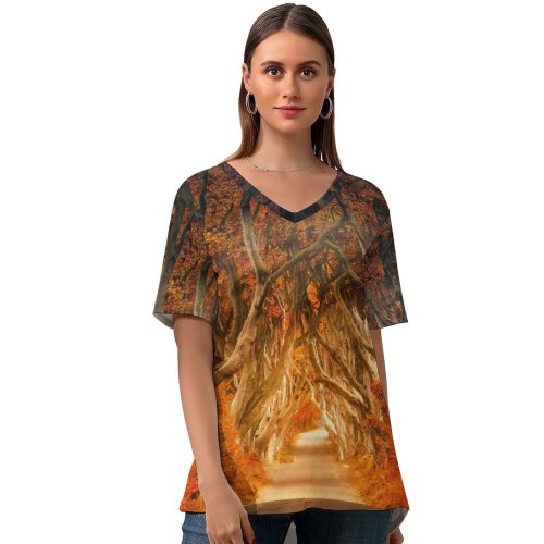 yanfind V Neck T-shirt for Women Johannes Plenio Forest Road Daylight Autumn Fall Sunrays Trees Summer Top  Short Sleeve Casual Loose