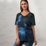 yanfind V Neck T-shirt for Women Gerald Berliner Kaaterskill Falls Waterfall Night York USA Summer Top  Short Sleeve Casual Loose