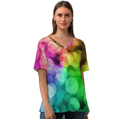 yanfind V Neck T-shirt for Women Barbara Lane Bokeh Colorful Lights Rainbow Summer Top  Short Sleeve Casual Loose