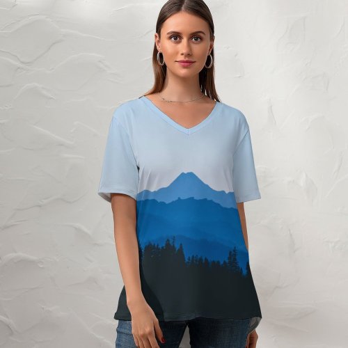 yanfind V Neck T-shirt for Women Kevin Jantzer Buttes Wilderness Mountain Range Silhouette Forest Landscape Clear Sky Trees Summer Top  Short Sleeve Casual Loose