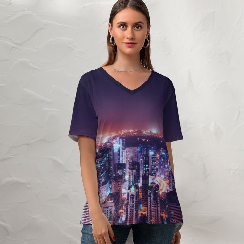 yanfind V Neck T-shirt for Women Daniel Zacatenco Dubai City United Arab Emirates City Cityscape Night Time City Summer Top  Short Sleeve Casual Loose