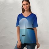 yanfind V Neck T-shirt for Women Moon Night Seascape Sailing Boat Minimal Summer Top  Short Sleeve Casual Loose