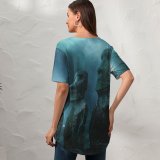 yanfind V Neck T-shirt for Women Moai Statues Easter Island Moon Stars Night Sky Summer Top  Short Sleeve Casual Loose