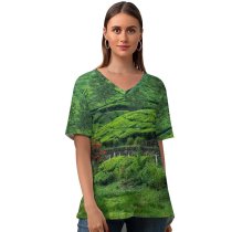 yanfind V Neck T-shirt for Women Tea Estate Hill Station Greenery Western Ghats Plantation Landscape Scenery Summer Top  Short Sleeve Casual Loose