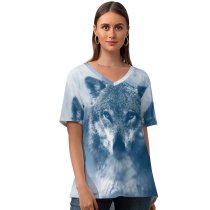yanfind V Neck T-shirt for Women Comfreak Wolf Predator Wild Winter Snowfall Fog Starring Summer Top  Short Sleeve Casual Loose
