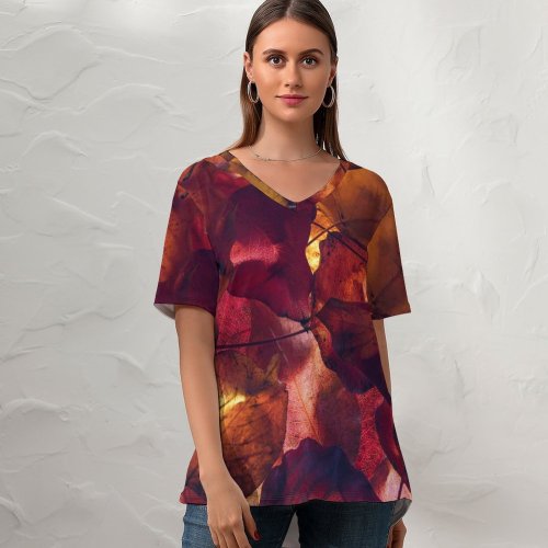yanfind V Neck T-shirt for Women Tim Mossholder Maple Leaves Autumn Foliage Fallen Summer Top  Short Sleeve Casual Loose