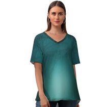 yanfind V Neck T-shirt for Women Dorothe Forest Path Foggy Morning Teal Turquoise Trees Summer Top  Short Sleeve Casual Loose