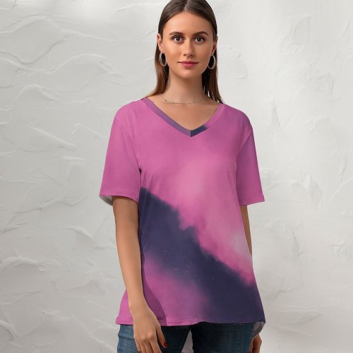 yanfind V Neck T-shirt for Women JV Buenconcejo Clouds Moon Sky Purple Stars Lunar Evening Summer Top  Short Sleeve Casual Loose