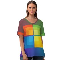 yanfind V Neck T-shirt for Women Technology Windows Colorful Gradient Summer Top  Short Sleeve Casual Loose