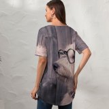 yanfind V Neck T-shirt for Women Dog Funny Glasses Wooden Summer Top  Short Sleeve Casual Loose