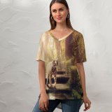 yanfind V Neck T-shirt for Women Dorothe Tiger Wooden Stairs Forest Jungle Trees Sunlight Wooden Planks Summer Top  Short Sleeve Casual Loose