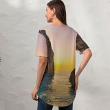 yanfind V Neck T-shirt for Women Lowe Rehnberg Milos Beach Greece Lefkada Island Lone Rock Sunset Clear Sky Summer Top  Short Sleeve Casual Loose