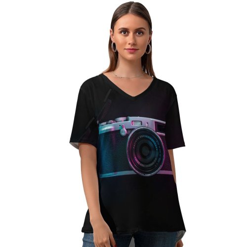 yanfind V Neck T-shirt for Women Robert Shunev Dark Vintage Camera Purple Light SLR Summer Top  Short Sleeve Casual Loose