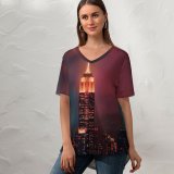 yanfind V Neck T-shirt for Women Luca Bravo Empire State Building Manhattan York City Skyscraper Night Cityscape City Summer Top  Short Sleeve Casual Loose