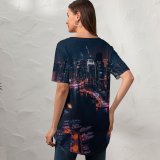 yanfind V Neck T-shirt for Women Daniel Zacatenco Dubai Marina United Arab Emirates Boats Cityscape Modern Architecture Night Summer Top  Short Sleeve Casual Loose