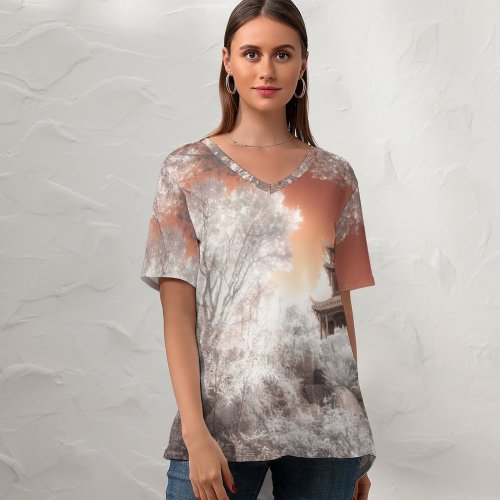 yanfind V Neck T-shirt for Women Fantasy Ancient Architecture Trees Infrared Vision Summer Top  Short Sleeve Casual Loose