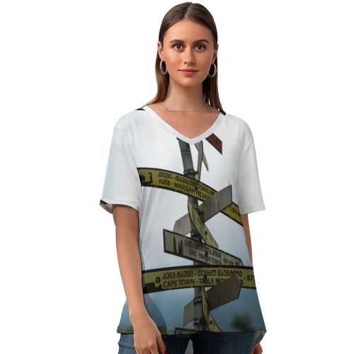 yanfind V Neck T-shirt for Women Blimp Flora Airship Sky Wallpapers Plant Tree Free Aircraft Road Winter Summer Top  Short Sleeve Casual Loose