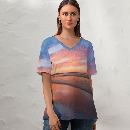 yanfind V Neck T-shirt for Women Sunset Horizon Reflections Noosa Beach Queensland Australia Summer Top  Short Sleeve Casual Loose
