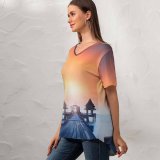 yanfind V Neck T-shirt for Women Anek Suwannaphoom Wooden Pier Hot Air Balloons Sunrise Daylight Foggy Colorful Summer Top  Short Sleeve Casual Loose
