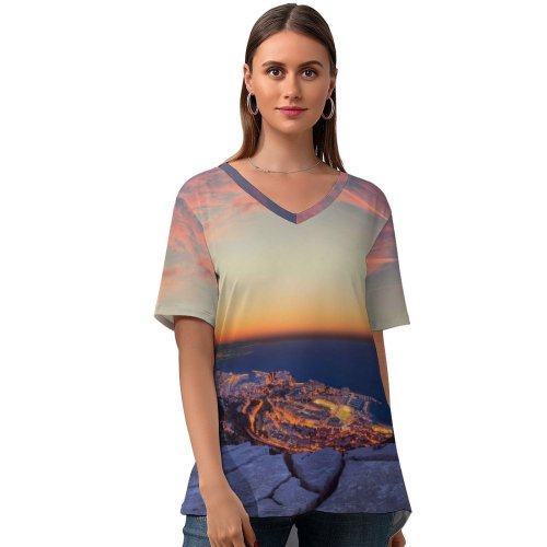 yanfind V Neck T-shirt for Women Crevisio Monaco City Sunrise Horizon Rocks Clear Sky Clouds Dusk Cityscape City Summer Top  Short Sleeve Casual Loose
