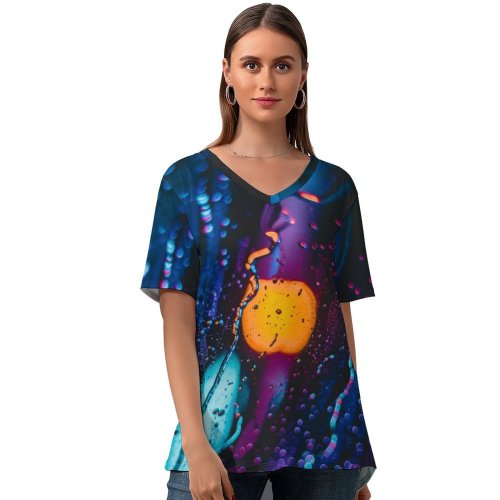 yanfind V Neck T-shirt for Women Rain Lights Bokeh Blur Glass Drops Summer Top  Short Sleeve Casual Loose