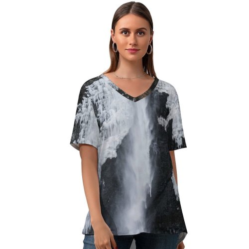 yanfind V Neck T-shirt for Women Cliff Fog Mood River Public Snow Wallpapers Mountain Outdoors Snowy Winter Summer Top  Short Sleeve Casual Loose