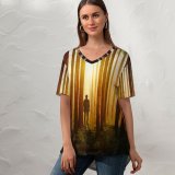 yanfind V Neck T-shirt for Women Johannes Plenio Silhouette Sunset Forest Woods Summer Top  Short Sleeve Casual Loose