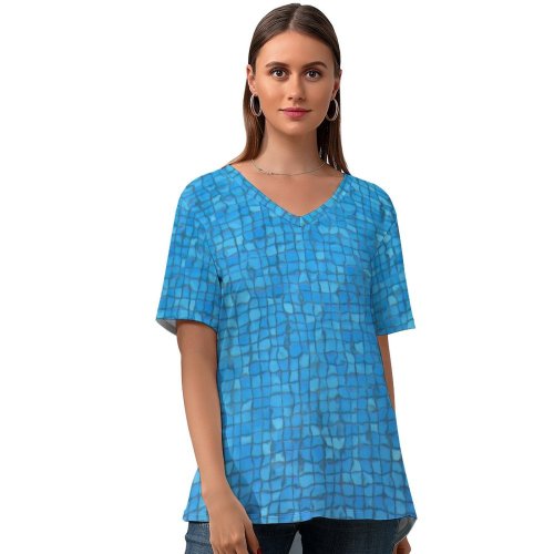 yanfind V Neck T-shirt for Women Swim Pool Mosaic Wave Wavelet Summer Aqua Turquoise Azure Woven Fabric Electric Summer Top  Short Sleeve Casual Loose