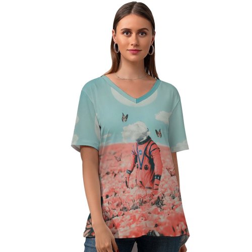yanfind V Neck T-shirt for Women Fantasy SciFi Astronaut NASA Flower Garden Butterflies Surreal Moon Clouds Summer Top  Short Sleeve Casual Loose